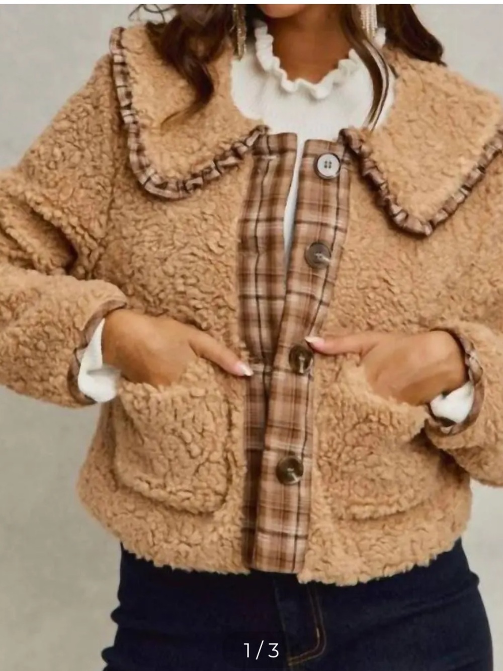 So Me Camel Tan Sherpa Ruffled Collar Jacket with Plaid Trim